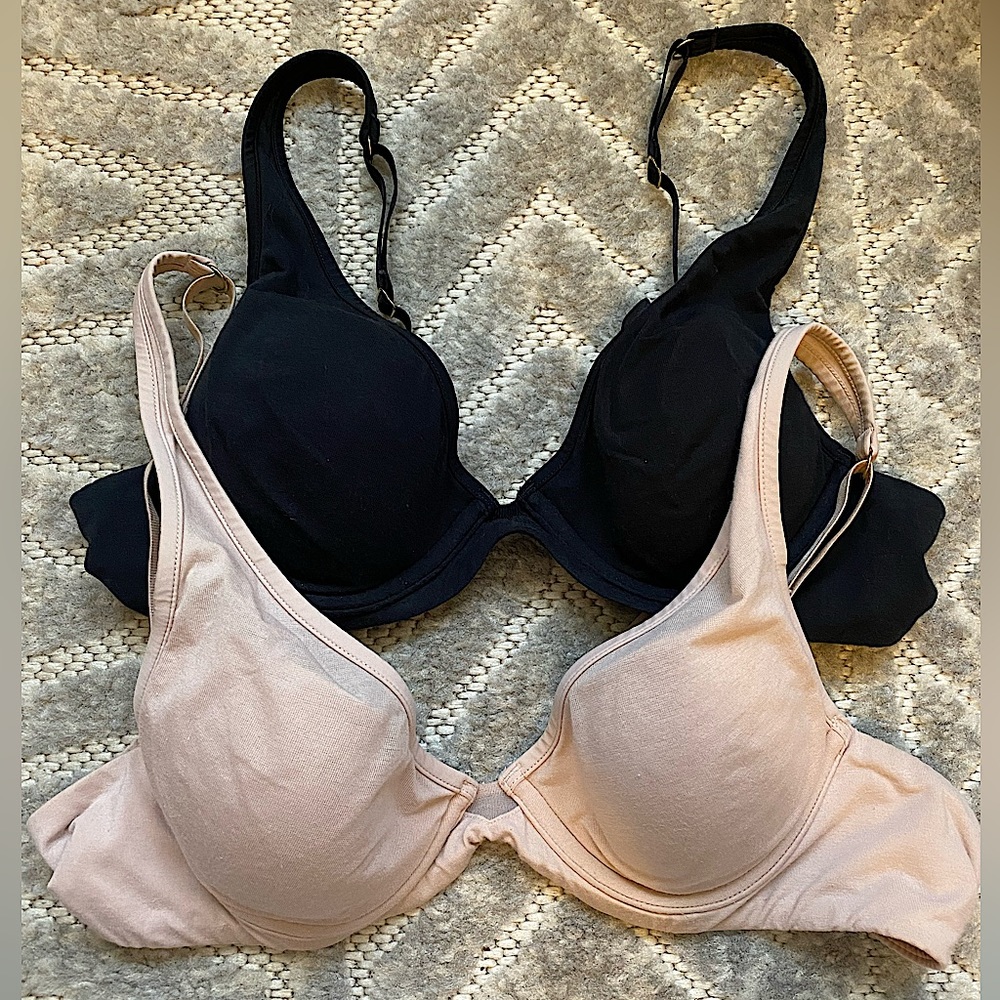 BUNDLE!! Third Love 24/7 Pima Cotton Plunge Bras 34A Black and Nude/pink.